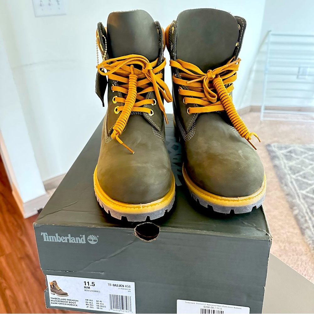 Brand new size 11 and half, dark green Timberland
